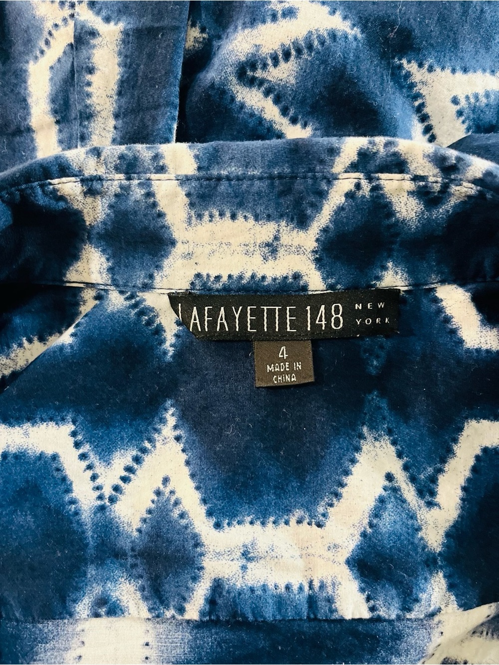 Lafayette 148 Cotton Blue White Batik Print Button Up Shirt Jacket Tie Belt Sz 4 - Picture 5 of 6